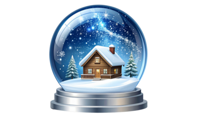 Elegant Snow Globe with Winter Cabin and Starry Night Sky, Transparent Background, PNG