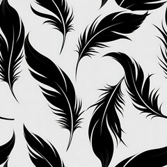 Obraz premium Seamless pattern of elegant black feathers scattered on a light gray background, creating a soft and delicate texture.