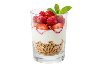 Delicious parfait with granola, yogurt, and fresh berries isolated, healthy breakfast dessert with raspberries and strawberries