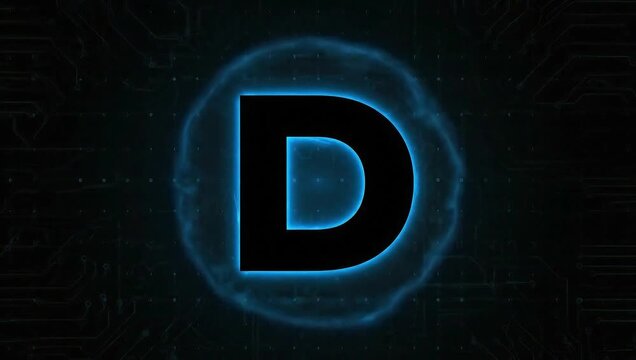 Glowing Blue "D" with Circuit Aura on Dark Tech Background logo animation video