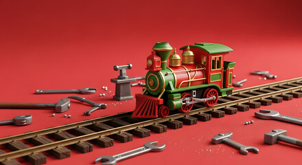 Fototapeta premium A miniature toy steam locomotive on a track surrounded by tiny tools for repair on a solid red background.