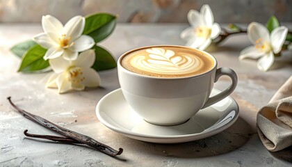 Delicious cappuccino rests on a saucer, adorned with latte art in a floral design, set among blossoms and vanilla bean pods.