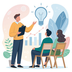 Vector art of a business presentation with a man presenting in front of a graph and a light bulb, while two people are listening to the presentation