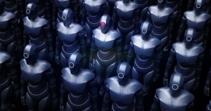 Artificial intelligence robots moving forward in synchronized formation. Technology Related Abstract 3D Concept Animation.