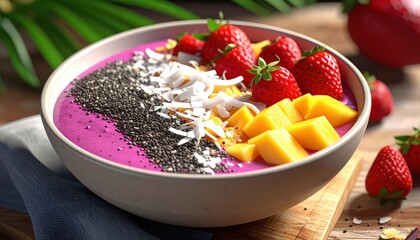 Freshly prepared vibrant smoothie bowl, showcasing a delightful blend of bright pink smoothie, topped with succulent strawberries, golden mango chunks, chia seeds, and delicate coconut flakes,...