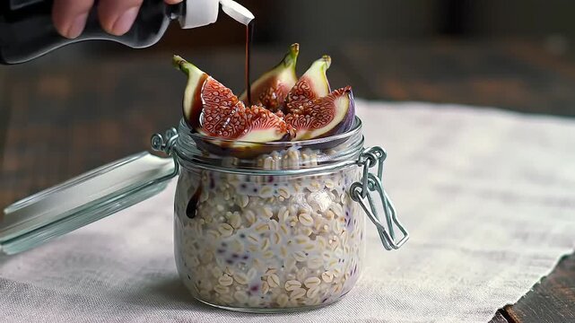 Pouring Sweet Syrup on Delicious Overnight Oats with Fresh Figs in a Glass Jar for a Healthy and Nutritious Breakfast or Snack