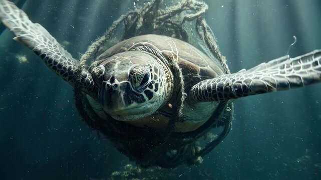 Sea turtle entangled in ghost fishing nets underwater symbolizing the impact of marine pollution and human activity on wildlife
