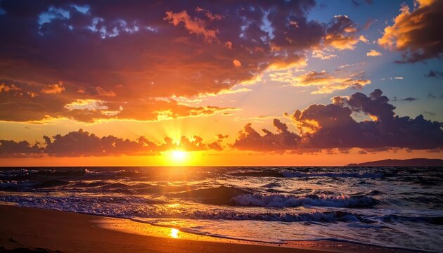 Brilliant golden sunlight radiates from the setting sun, casting warm light across the foamy ocean waves and illuminating a sandy shore with stunning oranges, reds, and blues, creating a tranquil and.