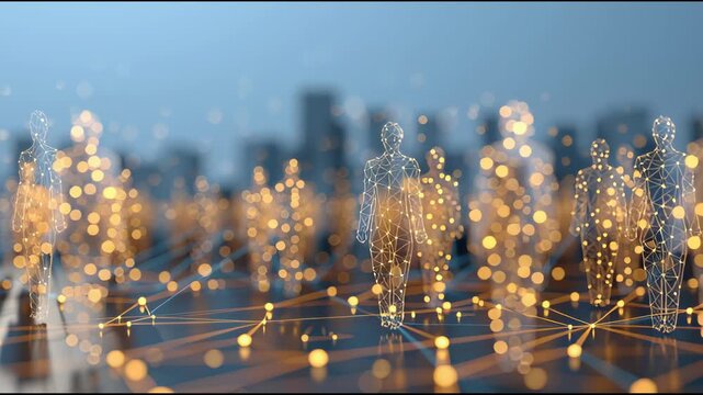 Digital Network of Minds: Captivating visual of connected human forms illuminated by data networks and representing a society driven by a technology connection.