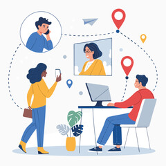 Vector art of people connecting remotely through video calls, working from home, and staying connected with friends and family