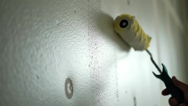 Hand applying waterproofing primer with a paint roller onto a textured white wall surface Essential step for home renovation insulation and building preparation