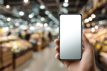Hand holding a blank screen smartphone in the supermarket, closeup. 3D Illustration.