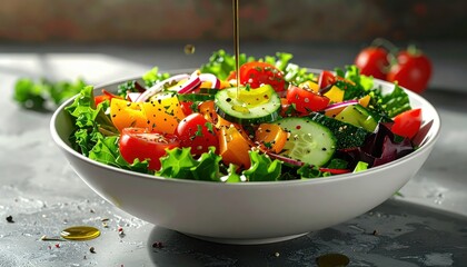 Freshly prepared salad features an assortment of colorful vegetables, including tomatoes, cucumbers, bell peppers, and lettuce, arranged in a white bowl, drizzled with olive oil for a vibrant,...