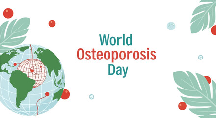 Illustration for World Osteoporosis Day featuring a globe with a bone structure overlay, surrounded by stylized leaves and red dots on a white background.