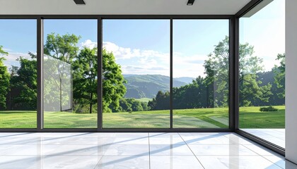 Expansive window frames a lush green landscape with trees, hills, and a bright blue sky, inviting a tranquil atmosphere into a modern interior.