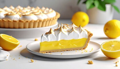 Delicious slice of lemon meringue pie, served on a white plate with the whole pie visible in the background, surrounded by fresh lemons, and set on a white surface, creating a bright and appetizing...