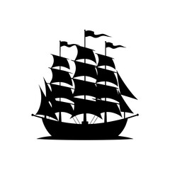 Silhouette of a fully rigged sailing ship on transparent background