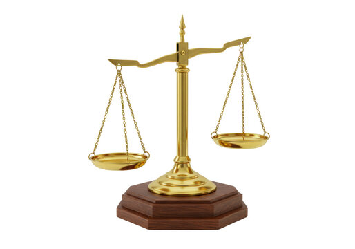 Golden justice scales isolated on transparent background, symbol of law and balance in PNG format