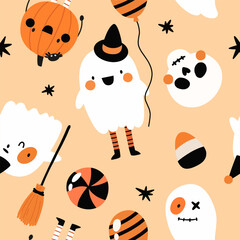 Seamless pattern with cute Halloween characters. Flat style, hand-drawn pattern.