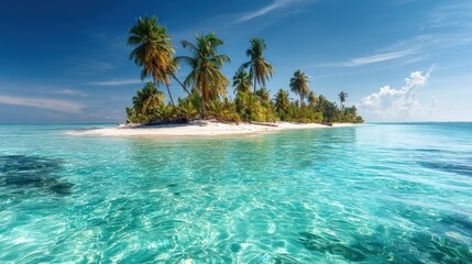 Tropical paradise with a clear blue sky and sparkling turquoise waters, isolated on a white background