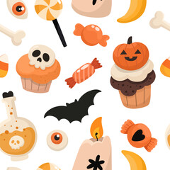 Seamless pattern with cute Halloween characters. Flat style, hand-drawn pattern.