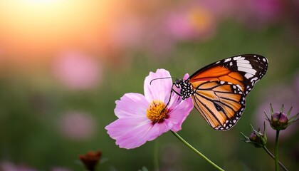 Obraz premium common tiger butterfly with cosmos flower and insect pollinator in the nature