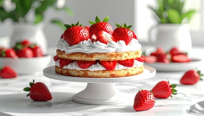 Delicious layer cake featuring fresh, ripe strawberries, layered between light sponge cake and fluffy whipped cream, presented on a white cake stand.