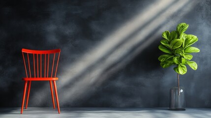 A modern interior scene featuring a vibrant red chair and a green potted plant against a dark textured wall, Ideal for use in design concepts, home decor illustrations, or lifestyle articles,