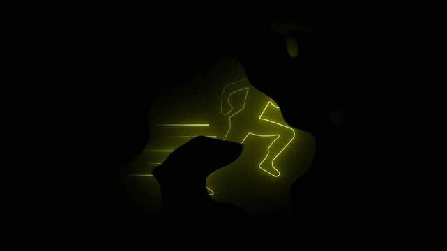 Pictogram of a running man on black background , Running neon sign appear in center and disappear after some time. - Powered by Adobe