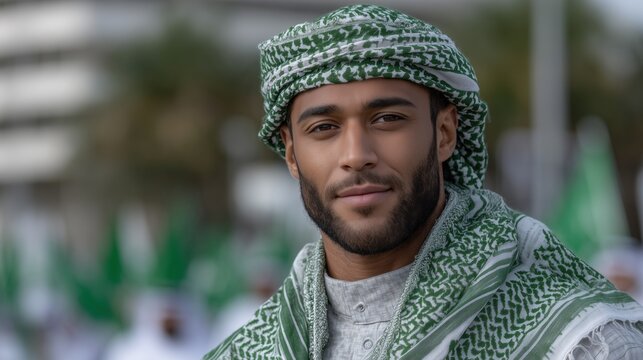 Portrait of an adult Saudi man in traditional thaub and kufiya attire, celebrating Saudi National Day with pride, cultural heritage and national identity concept