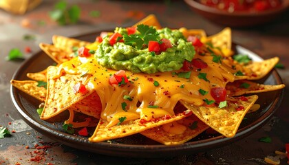 Golden tortilla chips are piled high, smothered in melted orange cheese, topped with vibrant green guacamole, diced red tomatoes, and fresh green herbs on a dark plate, creating an appetizing food...