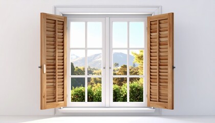 Open wooden shutters frame a bright, sunny outdoor scene visible through a white window, revealing lush green foliage and distant mountain peaks under a clear blue sky, creating a peaceful atmosphere.