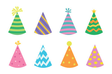 Birthday or celebration hat, stickers. Birthday party hat colorful cute design collection in white background vector illustration