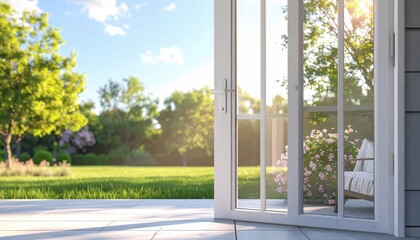 Bright daylight streams through the open white door of a house, showcasing a beautiful outdoor garden scene filled with lush green trees and a well-maintained lawn under a clear blue sky.