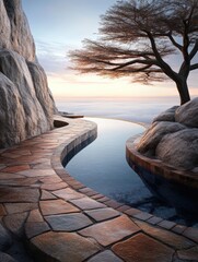 A serene landscape featuring a winding stone pathway beside a tranquil pool set against rocky outcrops and a distant view of clouds, perfect for relaxation or luxury travel themes,