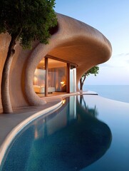 A stunning architectural design of a modern villa featuring a curved exterior and an infinity pool overlooking the ocean, perfect for showcasing luxury living, real estate