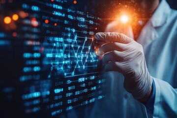 A scientist examines digital data visualizations in a laboratory setting at night