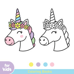 Adorable unicorn coloring page with colorful floral wreath and rainbow mane