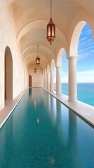 A serene architectural scene featuring an elegant poolside corridor with arched ceilings and lanterns overlooking a tranquil sea, perfect for luxury real estate, travel blogs, or relaxation themes,