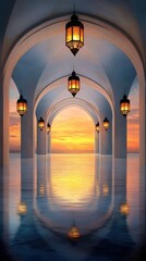 A serene corridor with arched ceilings and ornate lanterns reflects on a tranquil water surface at sunset, creating a peaceful ambiance, ideal for travel brochures, meditation content