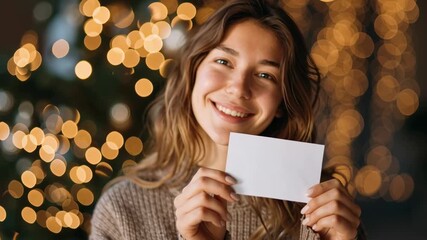 Happy smiling woman holding blank card celebrating winter holidays, christmas or new year with festive illumination background footage.