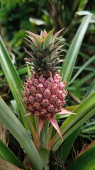 Fototapeta premium Immature pineapple fruit plant, green leaves, tropical close-up