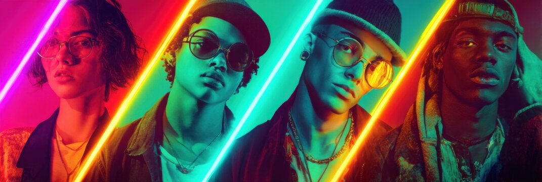 Four young individuals express their unique fashion styles illuminated by bright neon colors in a lively urban setting.