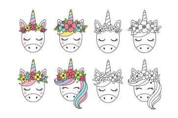 Collection of eight stylized unicorn head designs with floral and abstract embellishments