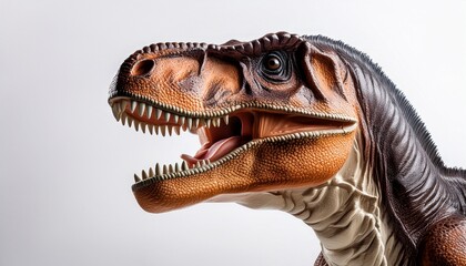 an extreme closeup view of an ominous t rex dinosaur figurine isolated against a clean white background monstrous animal with sharp teeth