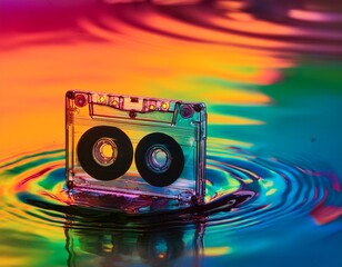 psychedelic mixtape floating in rainbow gradient water with calm surreal tones