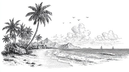 Tropical beach engraving sketch with palm trees mountains sea waves clouds and sailing boats