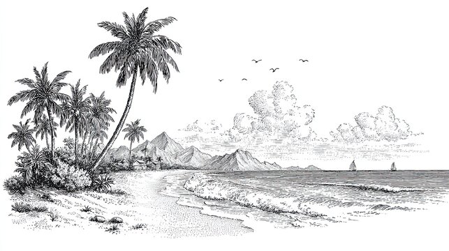 Tropical beach engraving sketch with palm trees mountains sea waves clouds and sailing boats