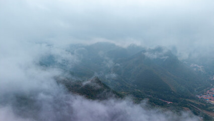 Aerial view of mountains in autumn mist