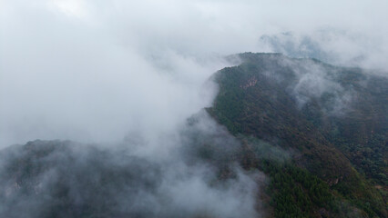 Aerial view of mountains in autumn mist